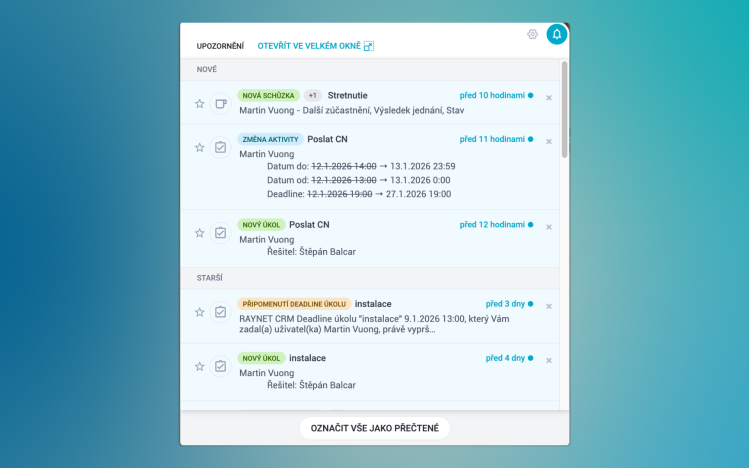 Přehled všech notifikací