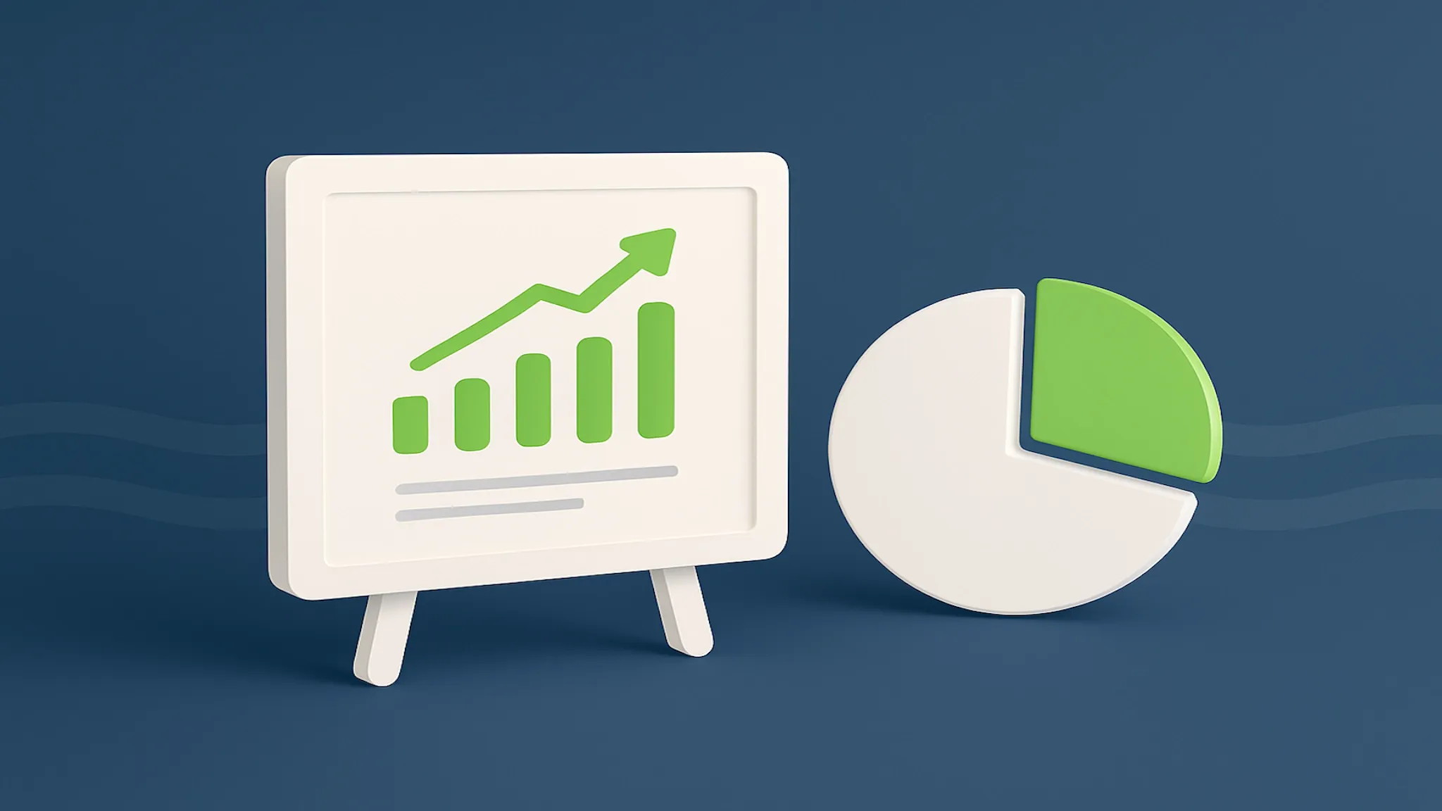 Whiteboard with a green growing bar graph next to a green and white pie chart.