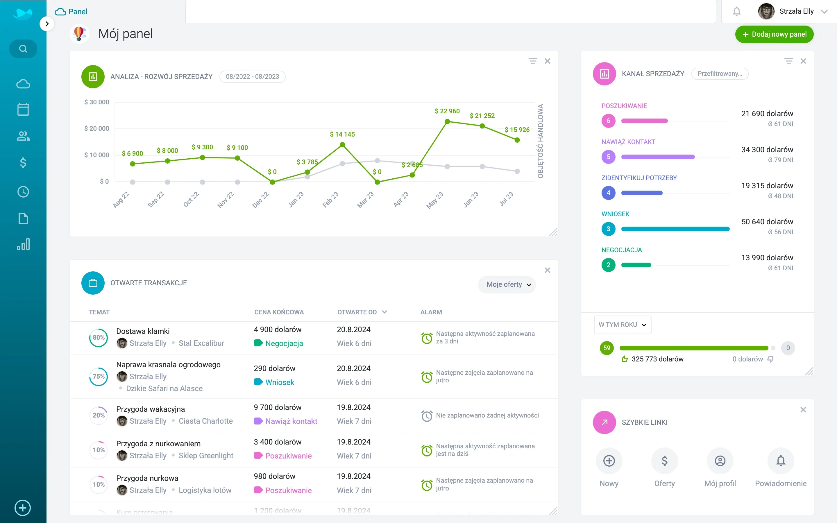 Dashboard CRM – analiza sprzedaży i aktywności.