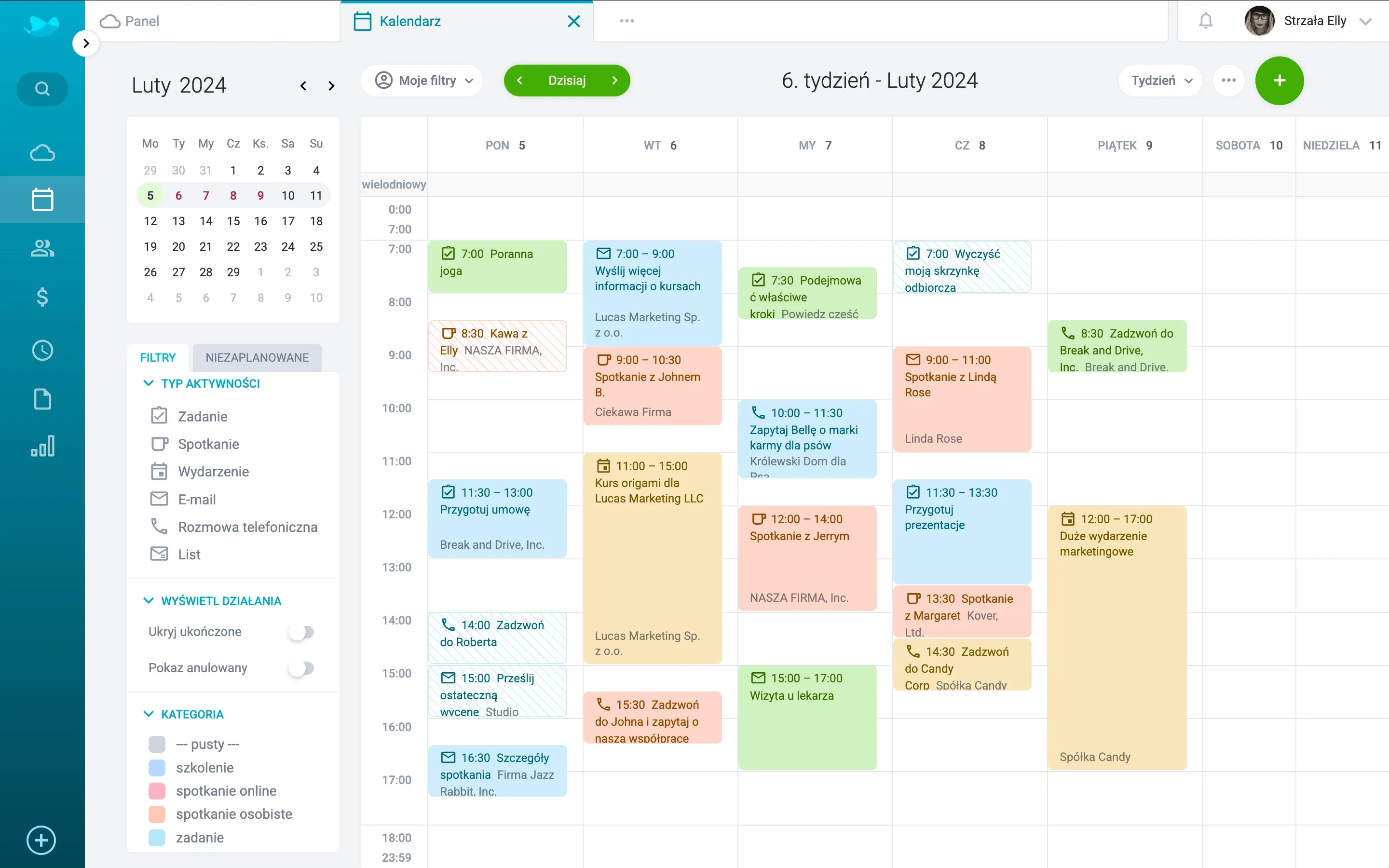 Kalendarz CRM – plan tygodnia i aktywności.