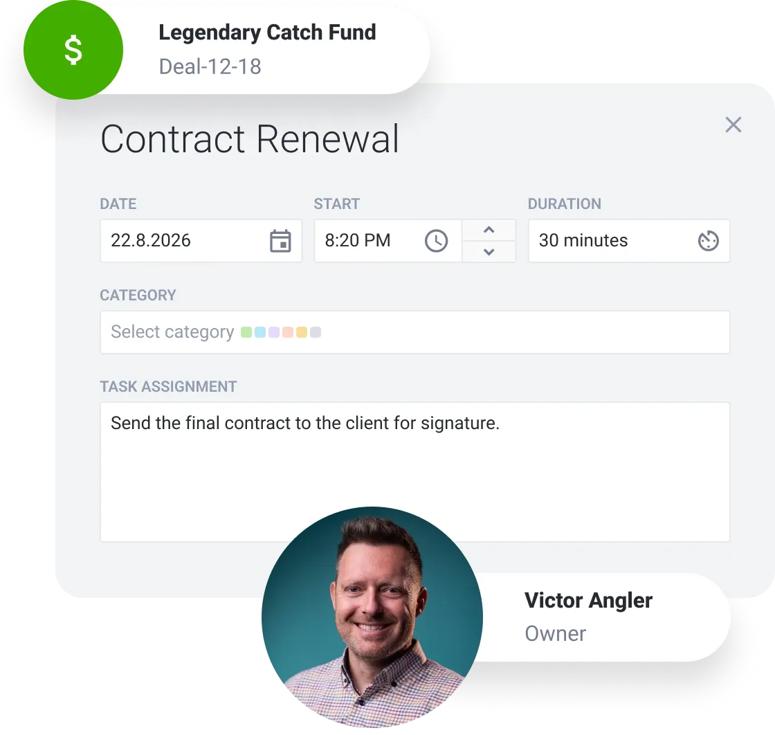Digital form for contract renewal, showing date, time, duration, and a task for signature.