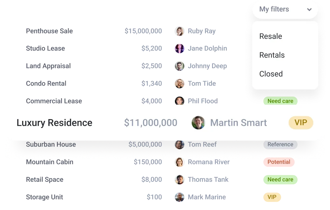 User interface displaying a luxury residence listing, sales deals, and an open filter menu.
