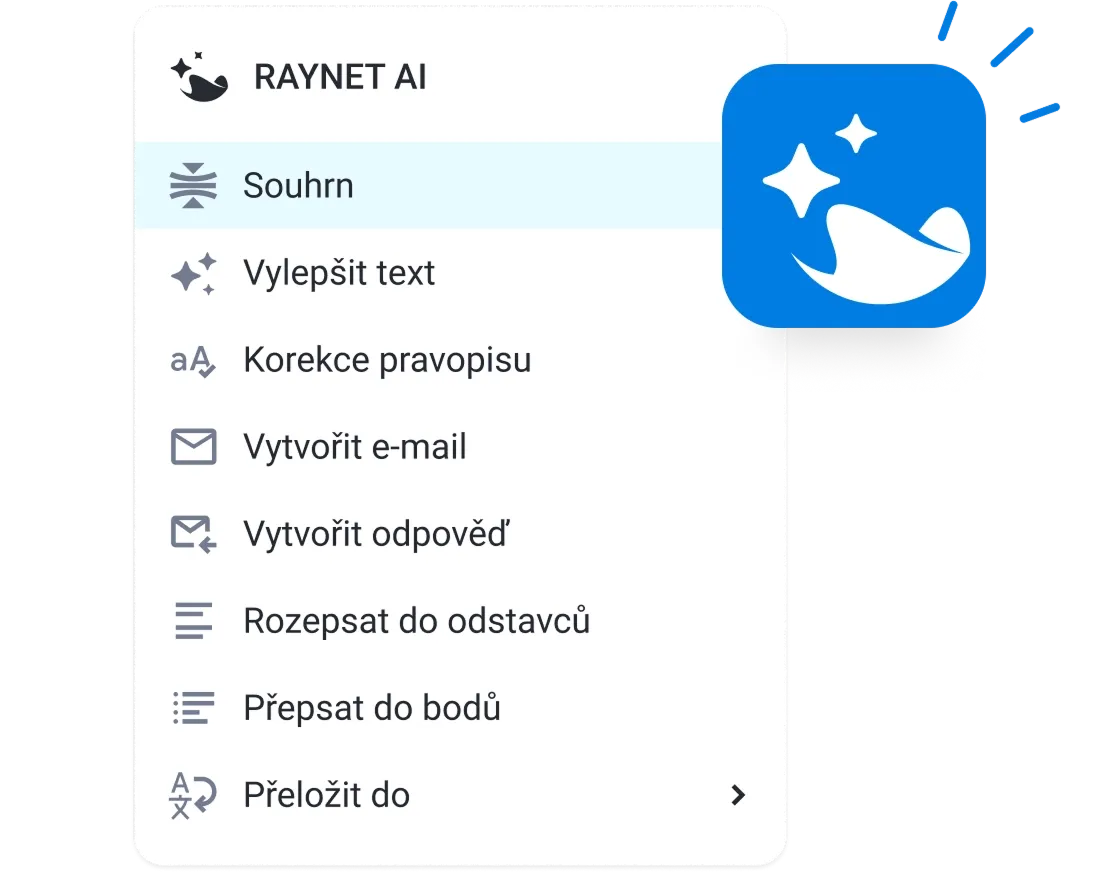 Nabídka funkcí Raynet AI pro shrnutí textu, tvorbu e-mailů a korekci pravopisu.