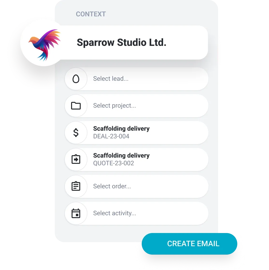 Mobile app interface displaying project selection forms, a bird logo, and a 'CREATE EMAIL' button.