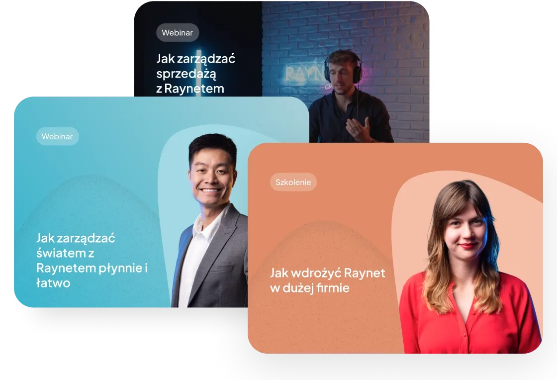 Three promotional cards displaying people and Polish text about sales management with Raynet.