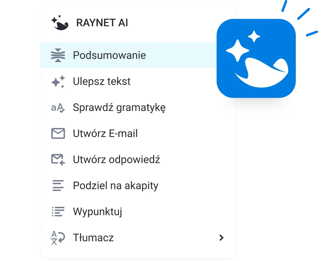 RAYNET AI context menu displaying options for text summary, improvement, grammar, and translation.