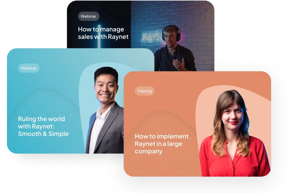 Three digital cards feature smiling professionals discussing Raynet's sales, global, and implementation solutions.