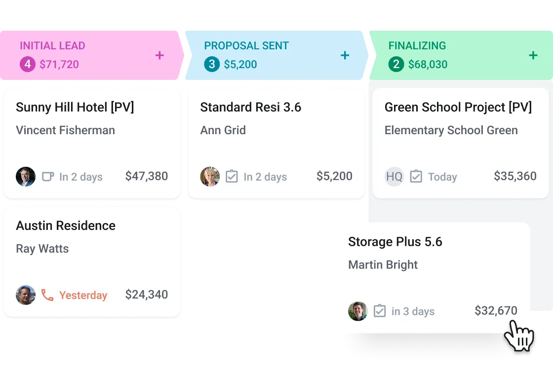 A kanban board displays project cards in 'Initial Lead,' 'Proposal Sent,' and 'Finalizing' columns.