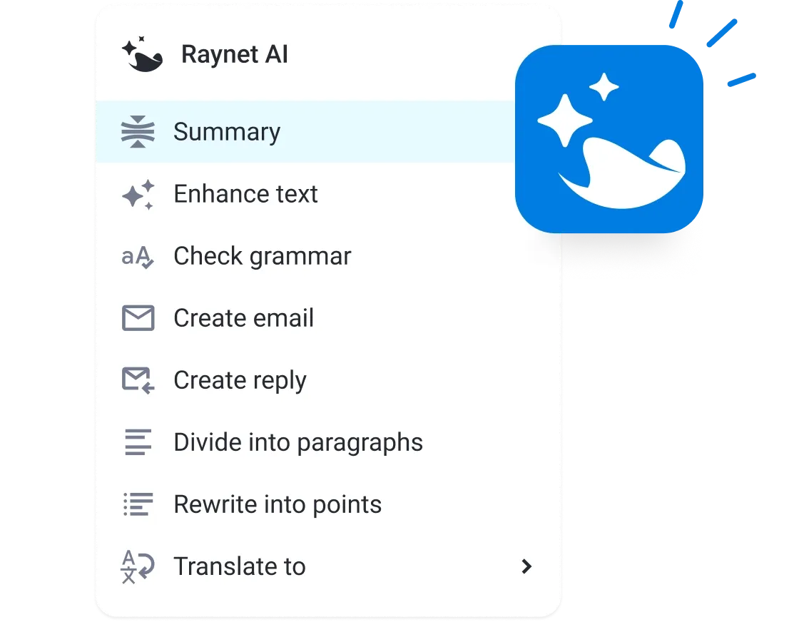 Raynet AI dropdown menu with text tools for summarizing, enhancing, and grammar checking.