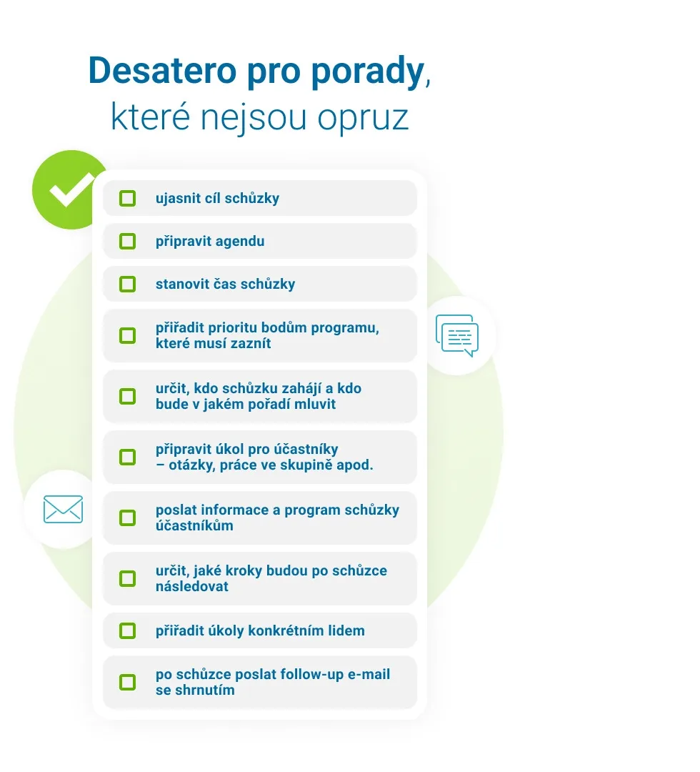 Checklist titled 'Ten commandments for meetings that are not a drag' with 10 tips.