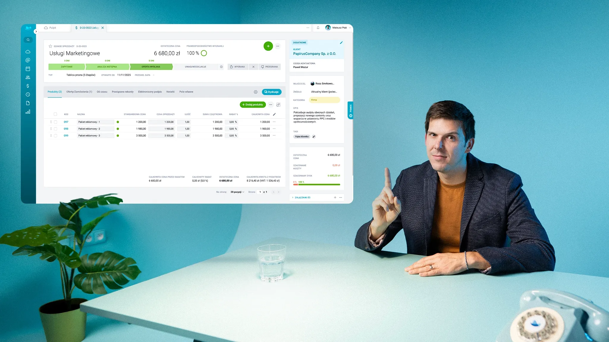 A man points to a floating screen displaying a marketing analytics software interface.