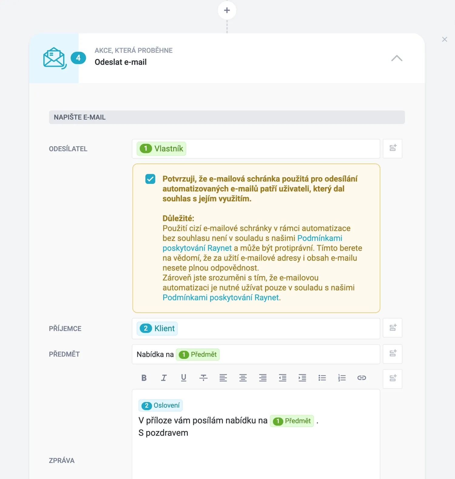Email interface showing an inbox, message composer, and a yellow notification with Czech text.