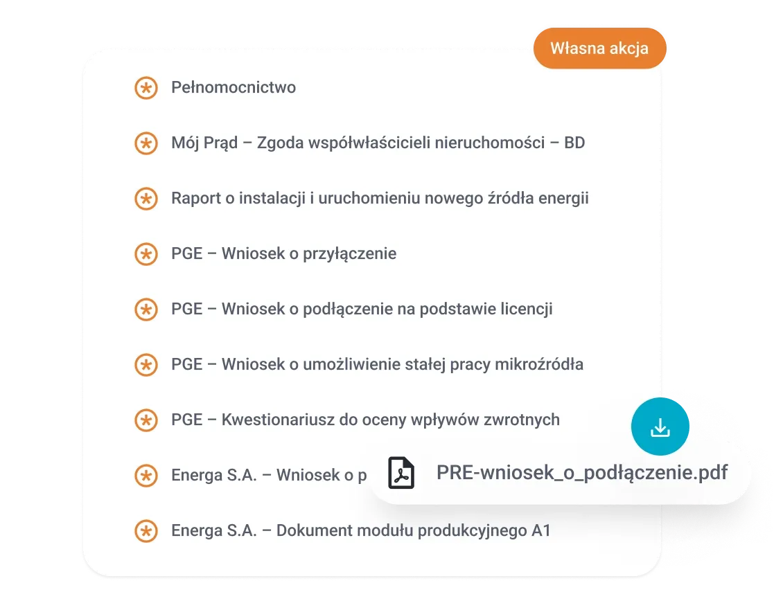 Digital menu displaying a list of Polish applications, including a PDF download link.