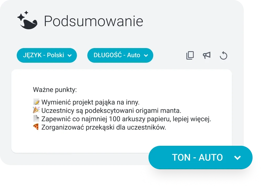 A Polish language summary screen from an application, listing important points and settings.