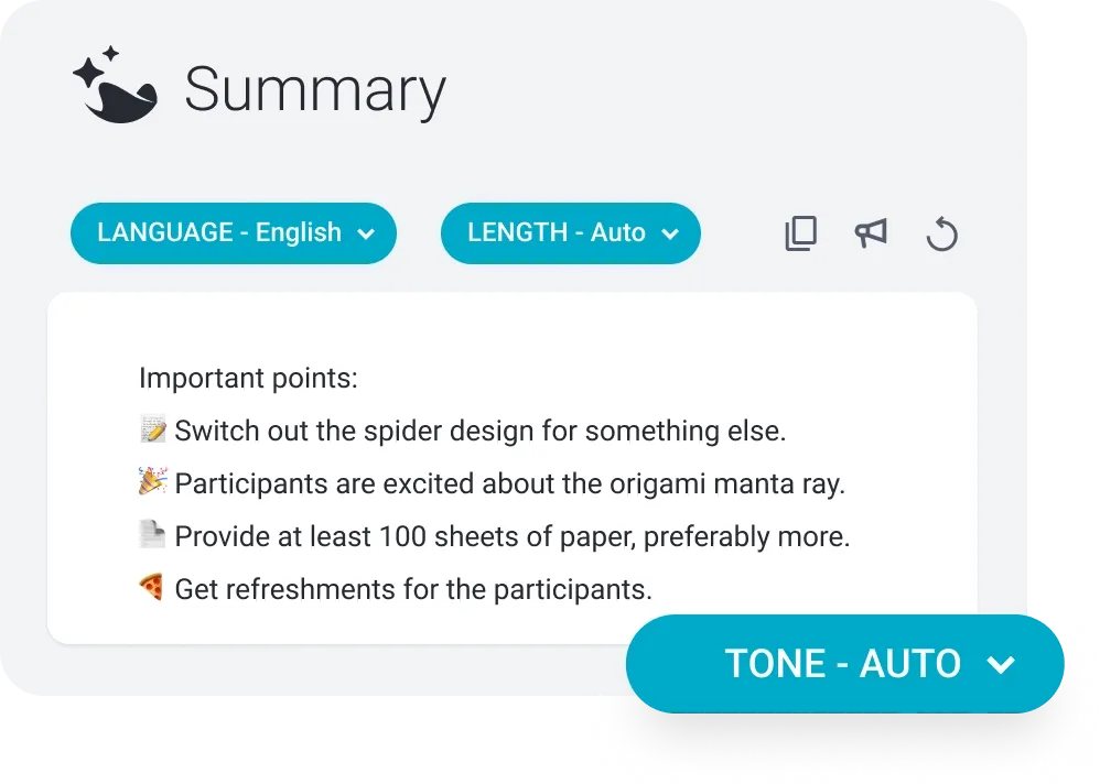 Digital summary interface with important points: origami manta ray excitement and refreshments needed.