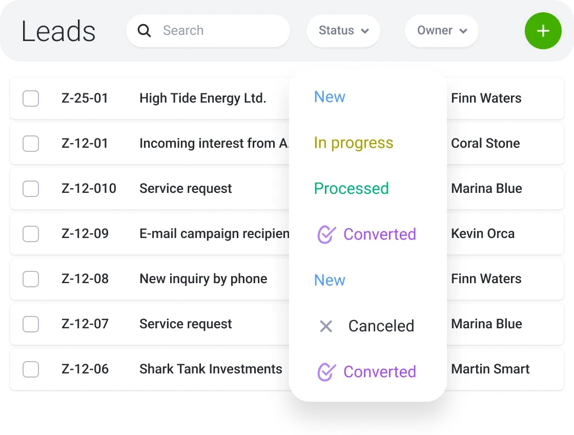 Leads management dashboard showing a list of leads and an open 'Status' filter dropdown menu.