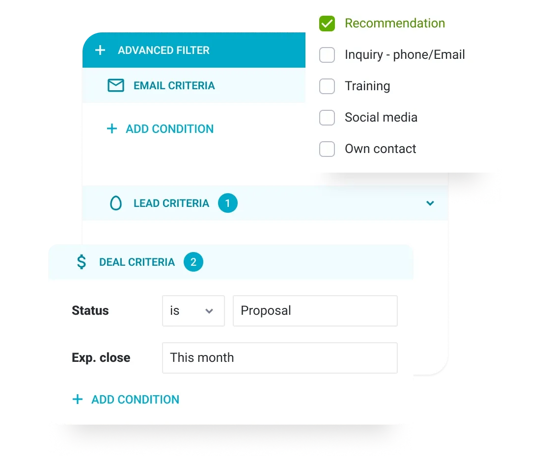 Advanced filter menu displaying deal criteria set to 'Proposal' and 'Recommendation' checked.