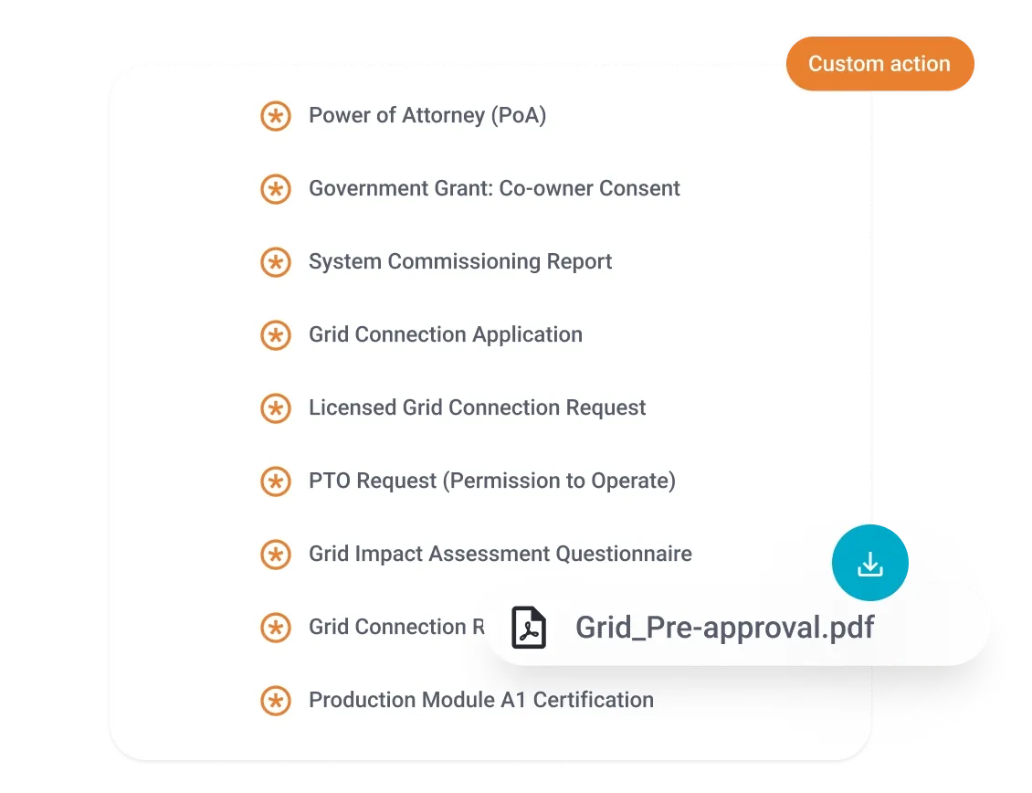 A digital list of documents including Power of Attorney, Grid Connection Application, and System Commissioning Report.