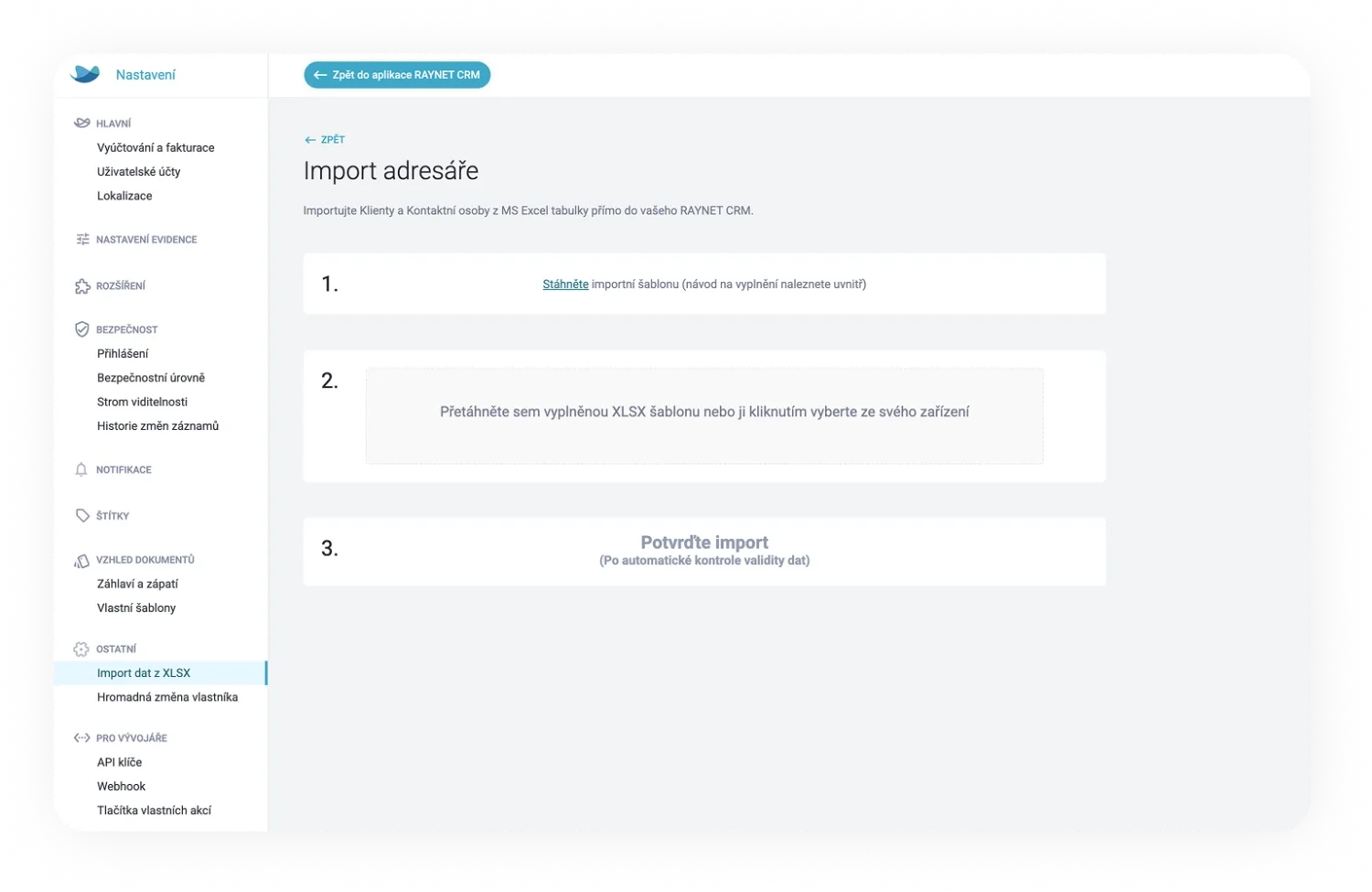 Web interface with an import wizard showing steps for Excel data upload and protection.
