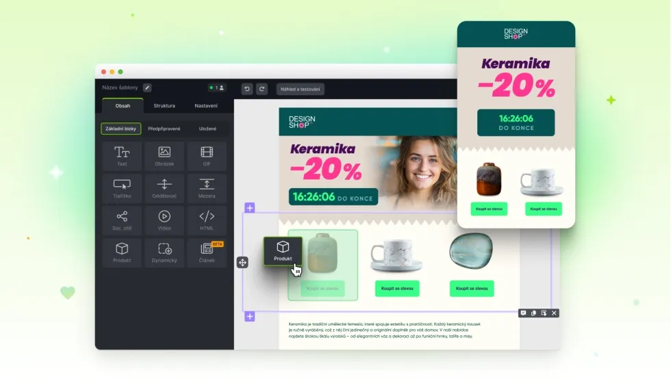 E-mailovou šablonu si v Ecomailu snadno sestavíte díky drag & drop editoru.