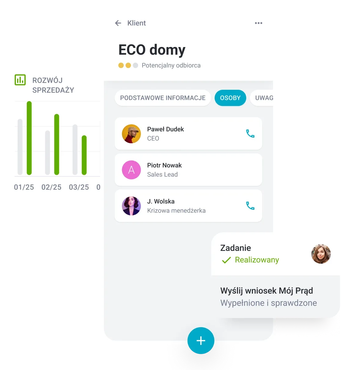 Mobile app interface displaying ECO homes information, contacts, tasks, and energy consumption statistics.