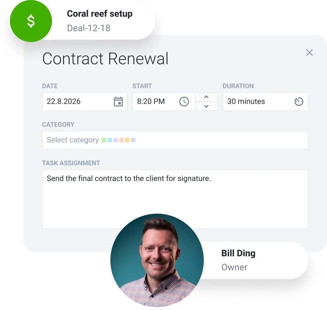 A software interface for contract renewal with task assignment to Bill King.