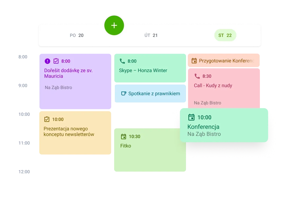 A digital calendar app interface displays color-coded event cards for appointments and tasks.