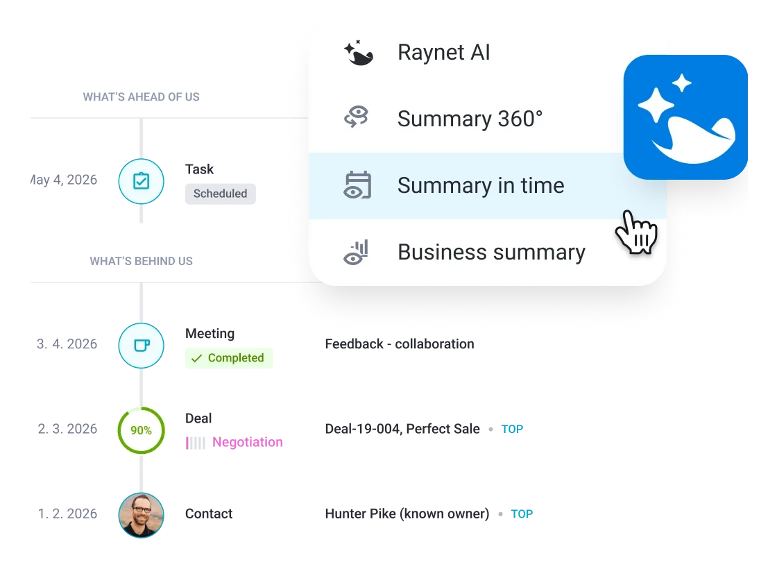 A cursor selects 'Summary in time' from a digital menu with a sparkly blue icon.