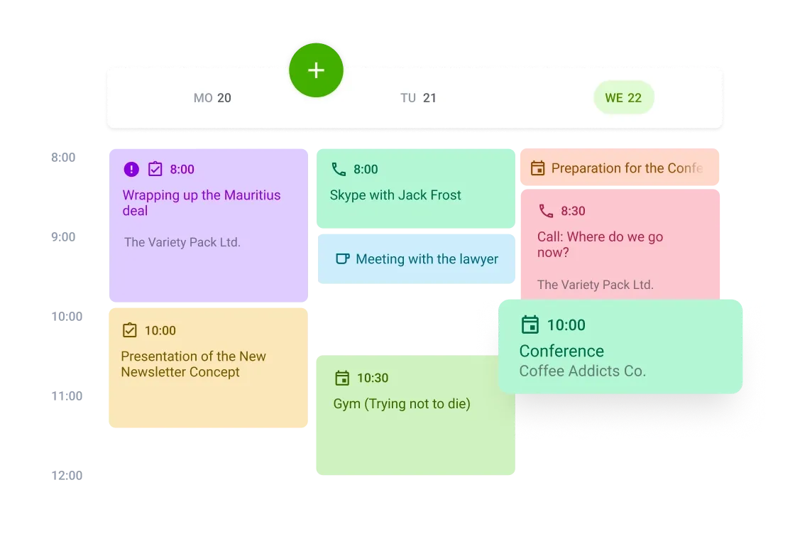 Digital calendar with multi-colored event cards displaying meetings and tasks for two days.