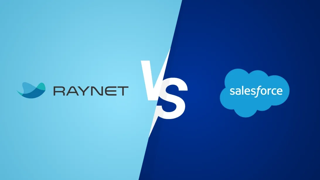 RAYNET versus Salesforce comparison graphic with their respective logos.
