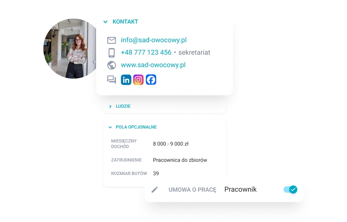 Digital contact card showing email, phone, website, job details, and a woman.