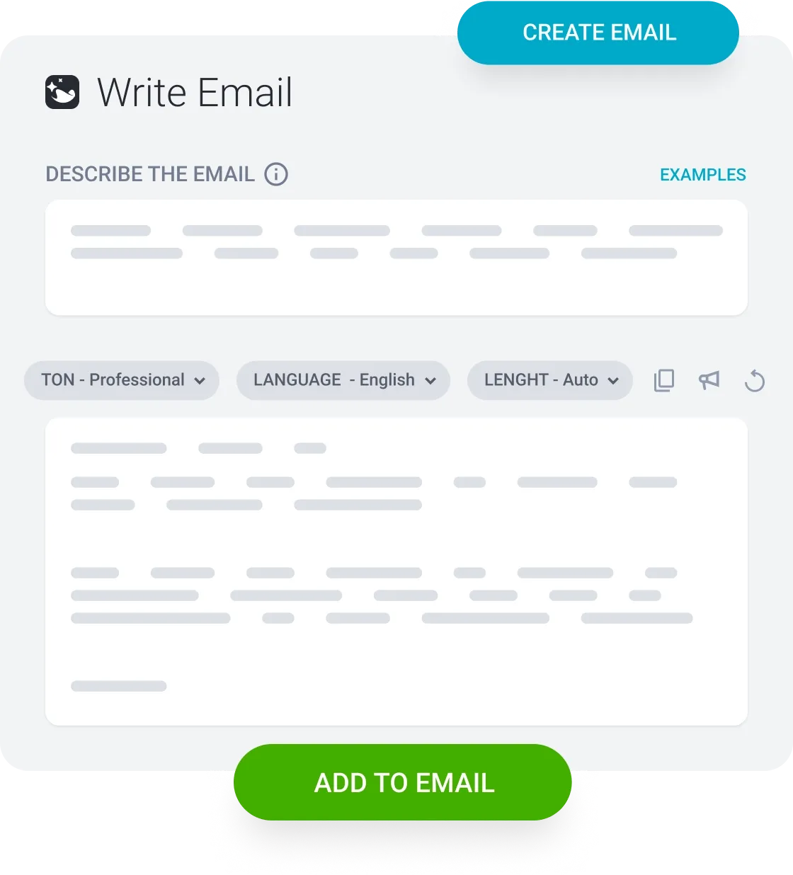Interface for writing an email, showing an email generator with description fields and options.