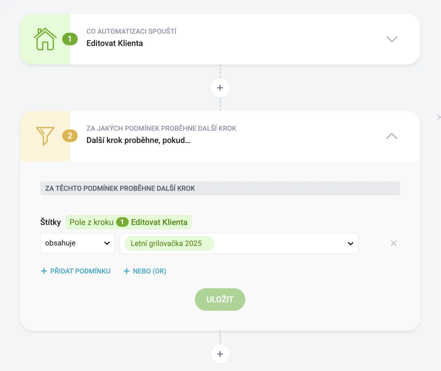 User interface showing a workflow with 'Track Client' step and conditional logic for filtering data.