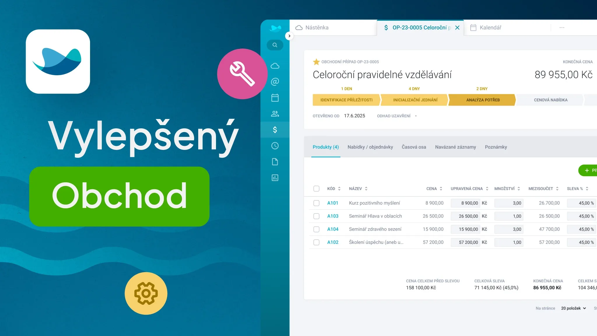 Graphic for 'Vylepšený Obchod' next to a detailed business management software interface.