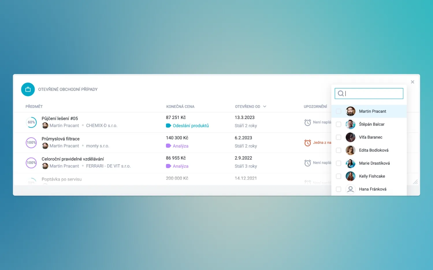 A software interface showing a project management dashboard with listed projects and a user directory.