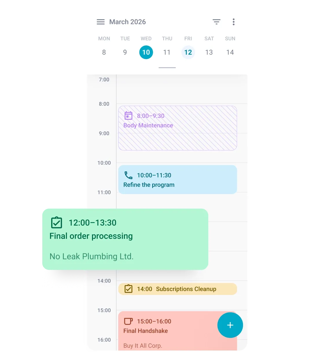 A mobile calendar app displays March 2024 with a 'Final order processing' event highlighted.