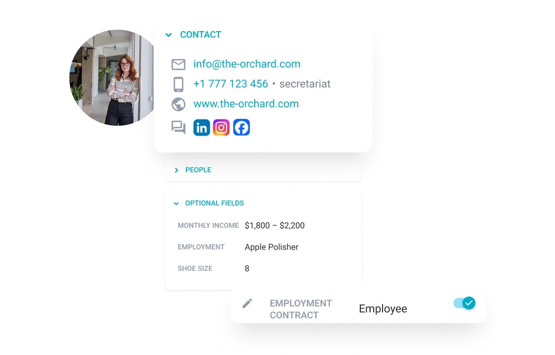 Digital contact profile showing email, phone, website, and employment details with income range.