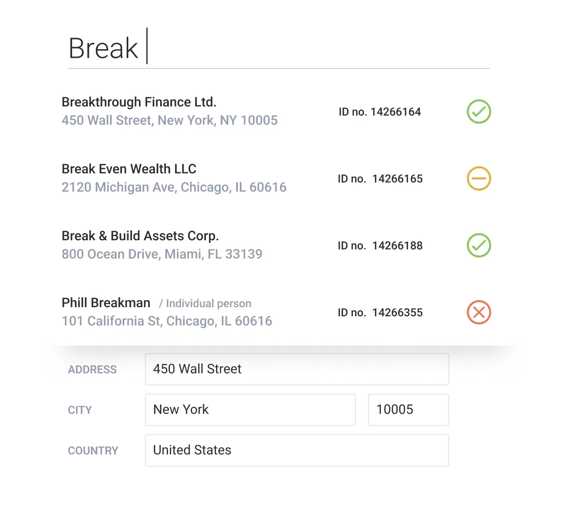 List of financial entities and one individual with addresses, IDs, and status indicators.