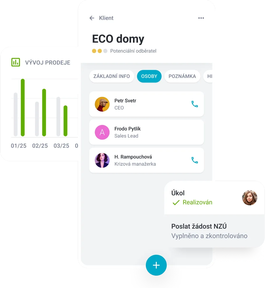 Mobilná aplikácia CRM Raynet so správou klientov, kontaktov a splnených úloh v obchodnom procese.