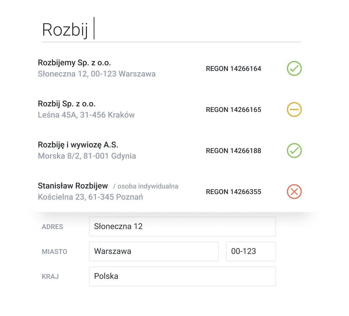 A screenshot displays a list of Polish company names, addresses, and corresponding verification statuses.
