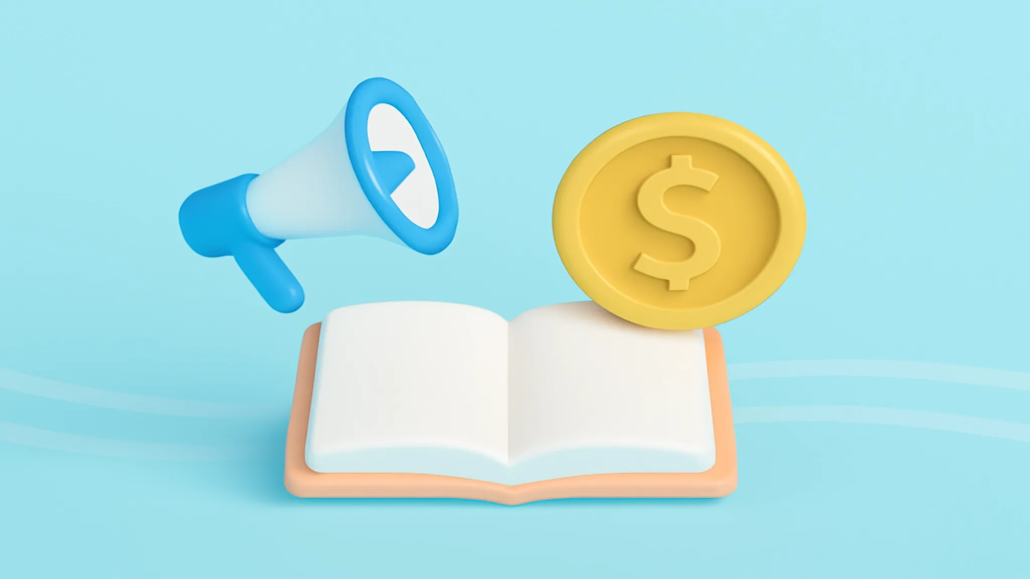 Open book with a megaphone and dollar coin floating above it.