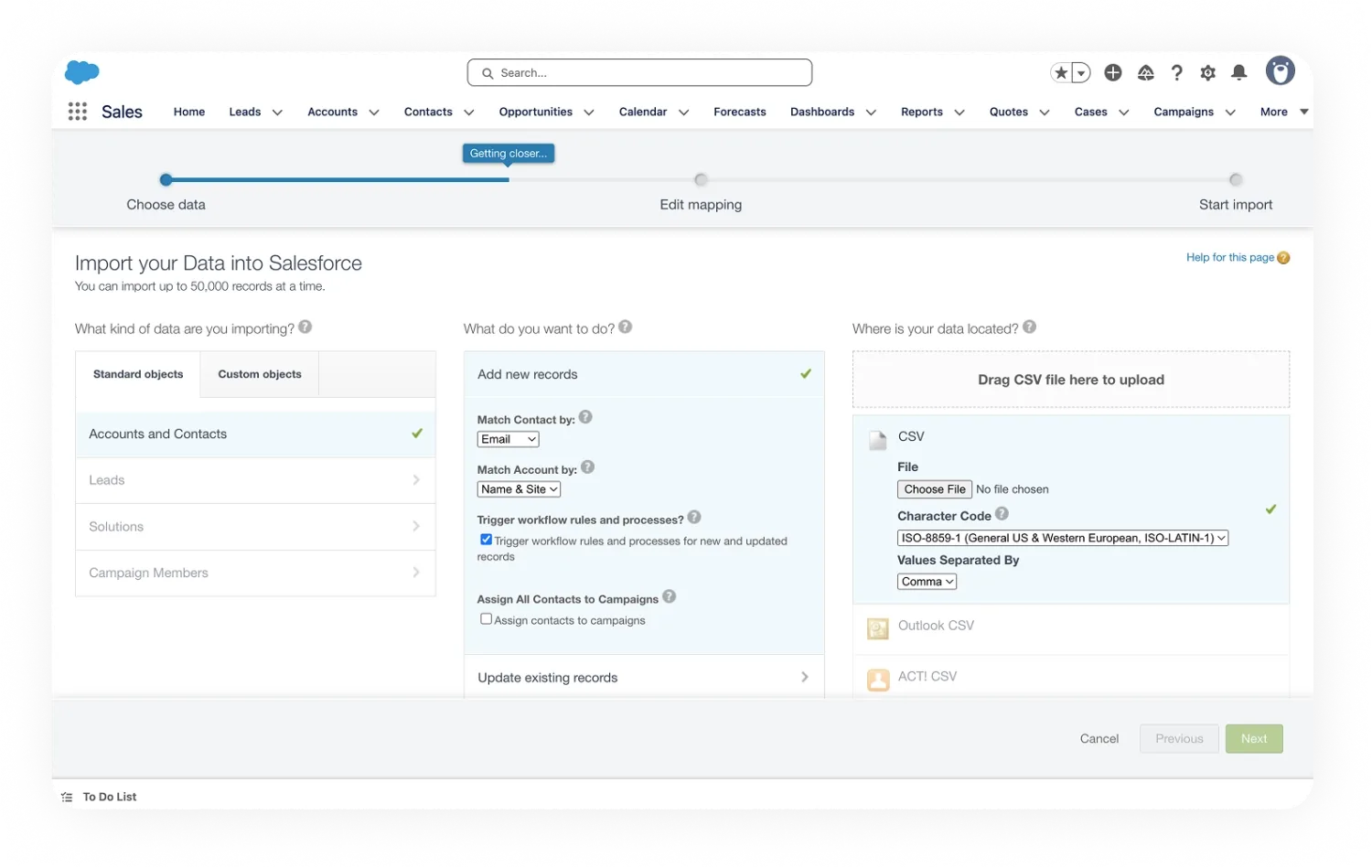 Salesforce "Import Your Data" screen showing "Choose data" step for records and file upload.
