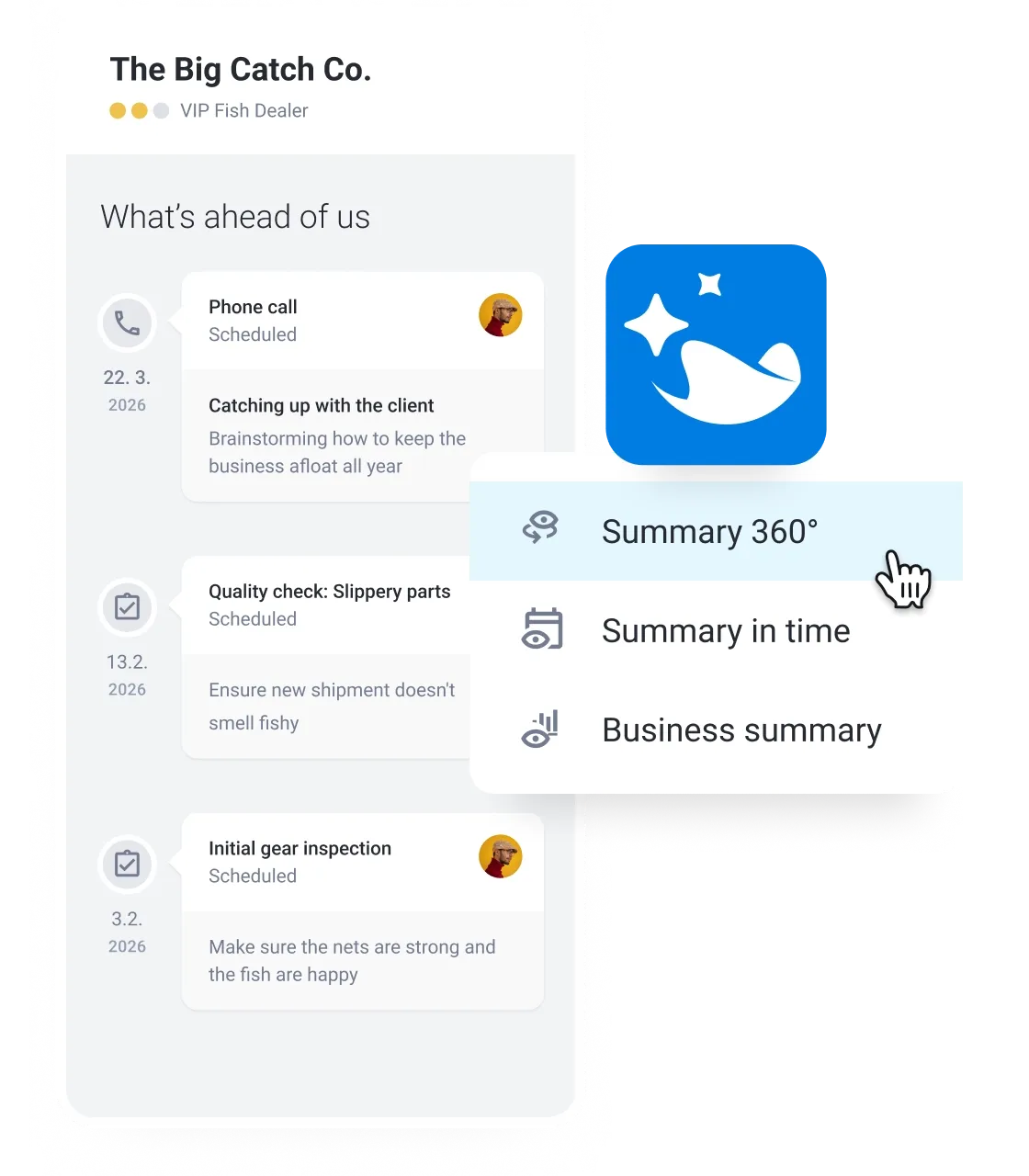 Mobile app screen showing a dropdown menu with 'Summary 360' selected by a cursor.