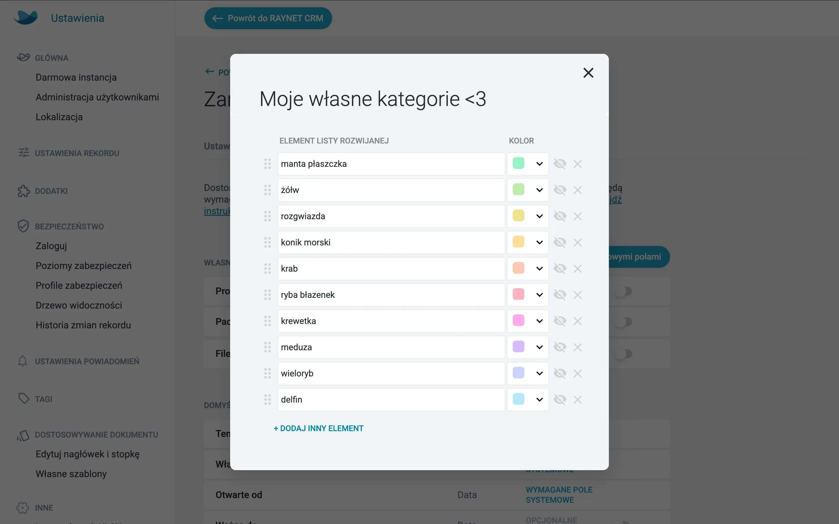 Własne kategorie – personalizacja pól.