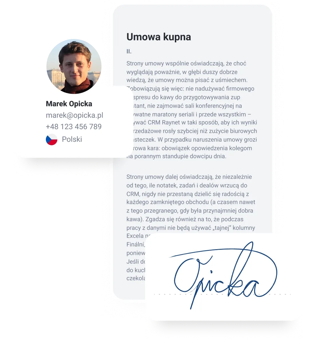 Mobile screen displays a purchase agreement document, with a contact card and digital signature nearby.
