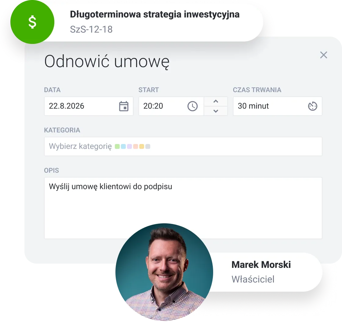 Digital interface displaying a contract renewal form, a long-term investment strategy, and Marek Morski.