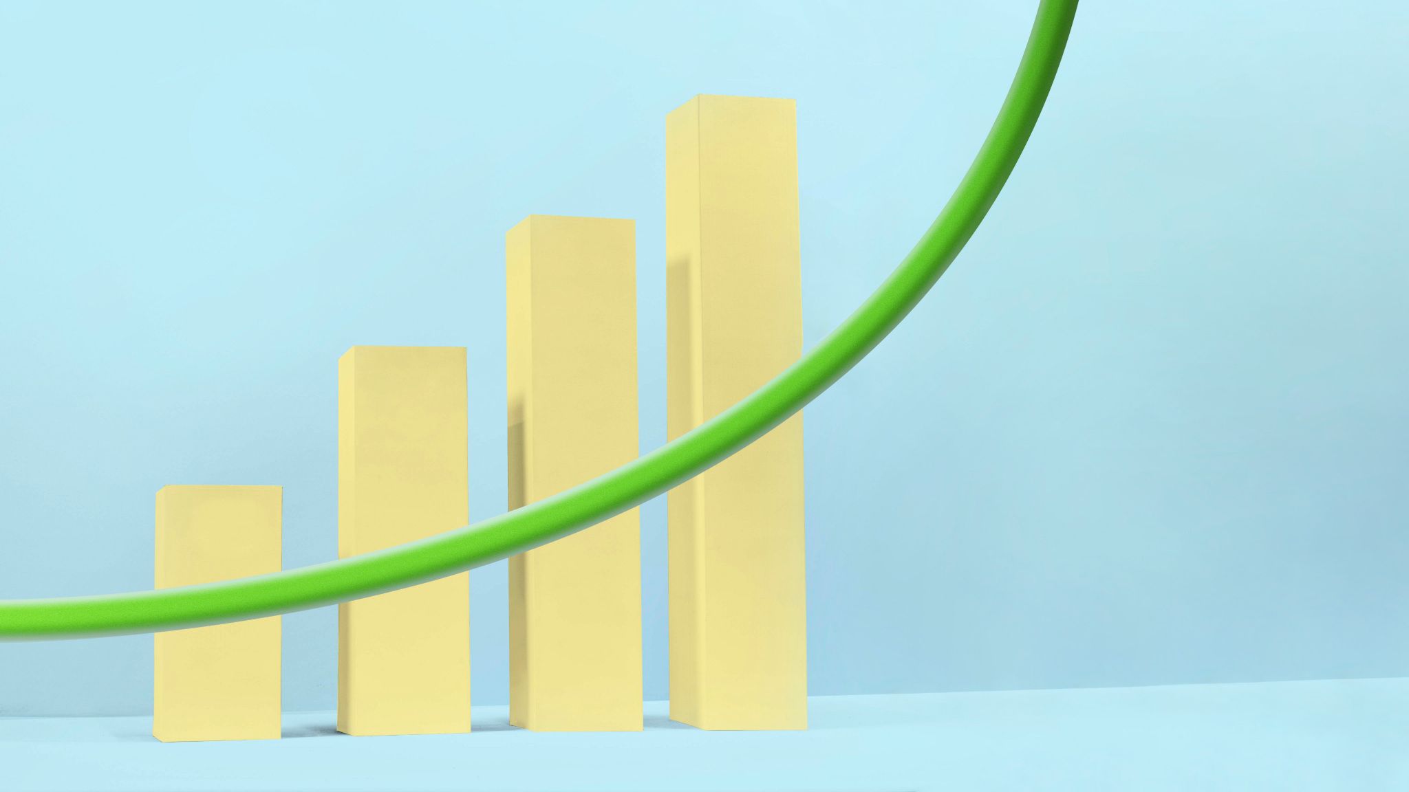 Yellow bars representing a company's gradual growth with implemented CRM, accompanied by a green growth curve on a blue background | Raynet CRM