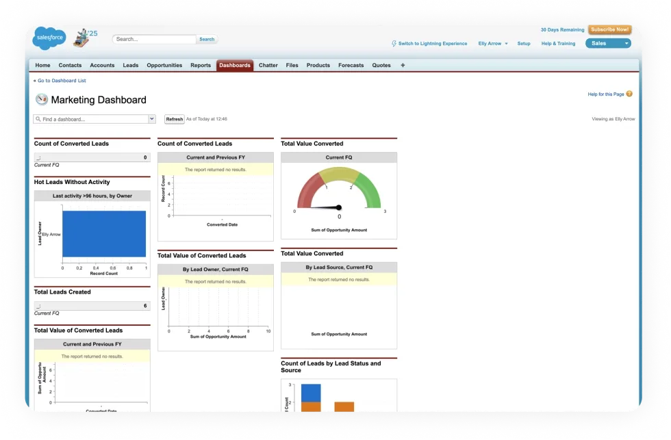 Salesforce Marketing Dashboard displaying various metrics with charts, gauges, and data tables.