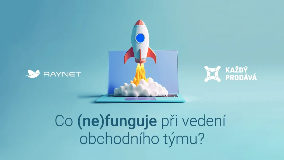 A rocket launching from a laptop screen, symbolizing business growth with accompanying Czech text.