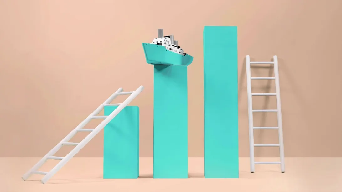 A 3D rendered ship on a teal bar chart with ladders, symbolizing business growth challenges.
